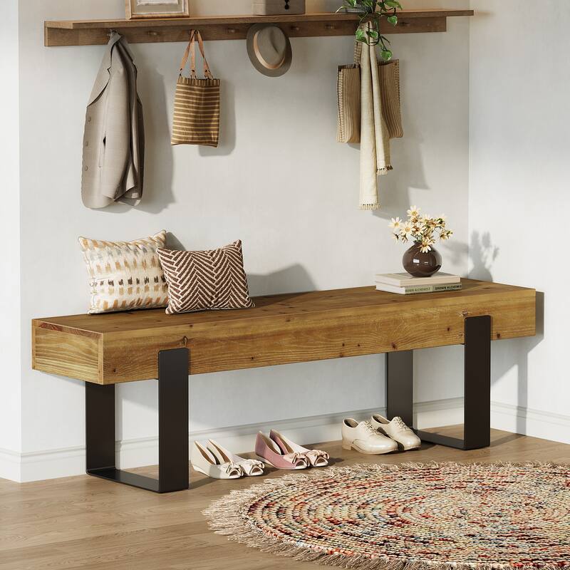 63" Solid Wood Entryway Bench with Metal Legs, Farmhouse