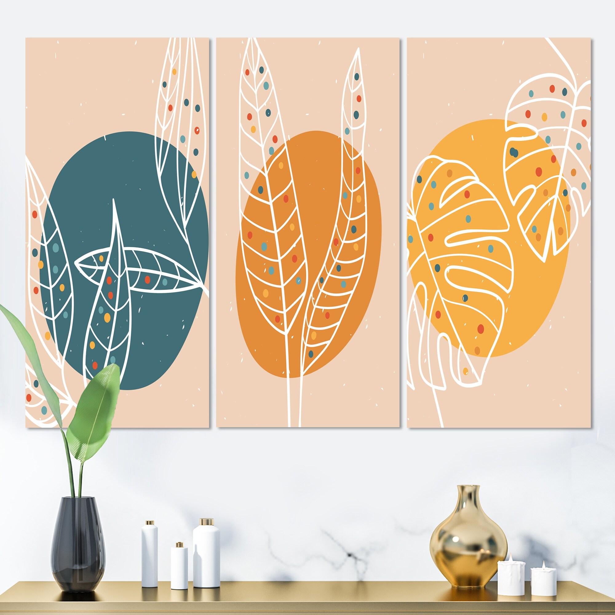 Designart White Botanical Silhouettes on Retro Colors I - Vibrant Floral Art Print for Modern Home Decor-image
