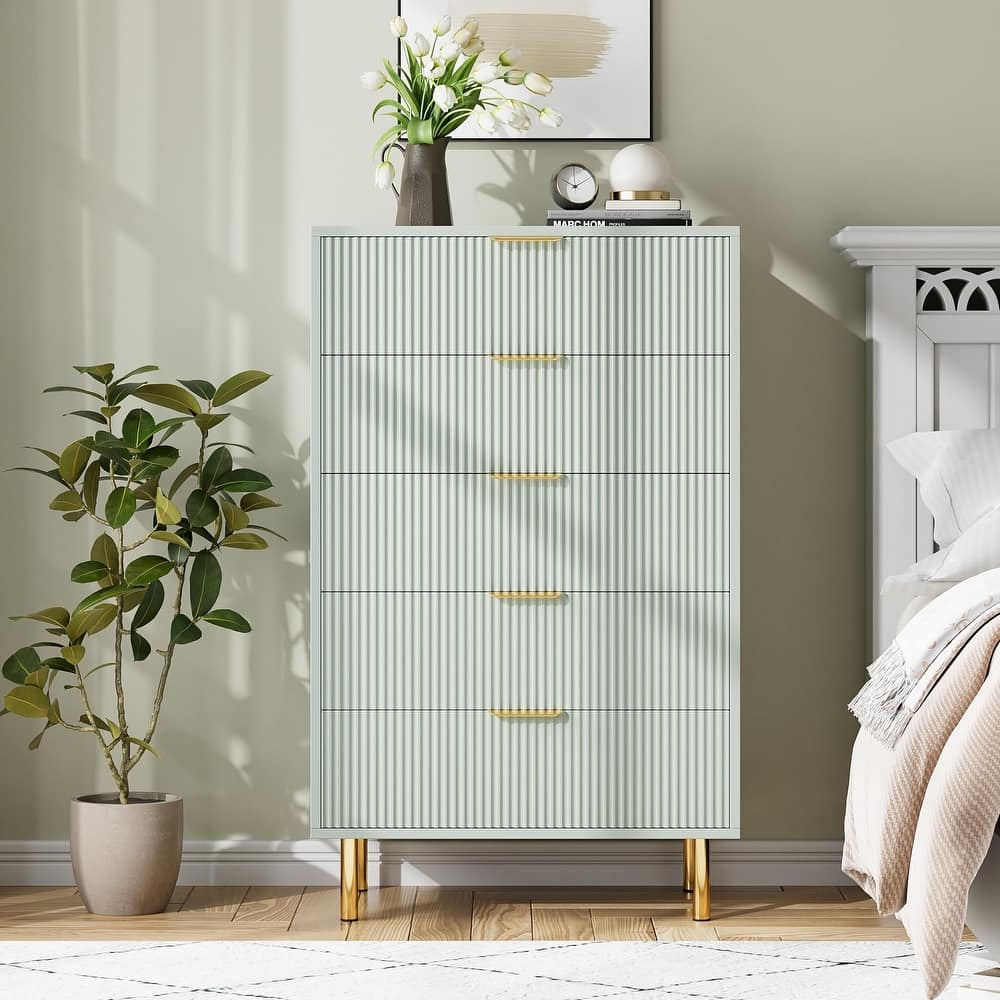 5 Drawer Dresser for Bedroom with Gold Handles, Modern Wooden Chest of Drawers