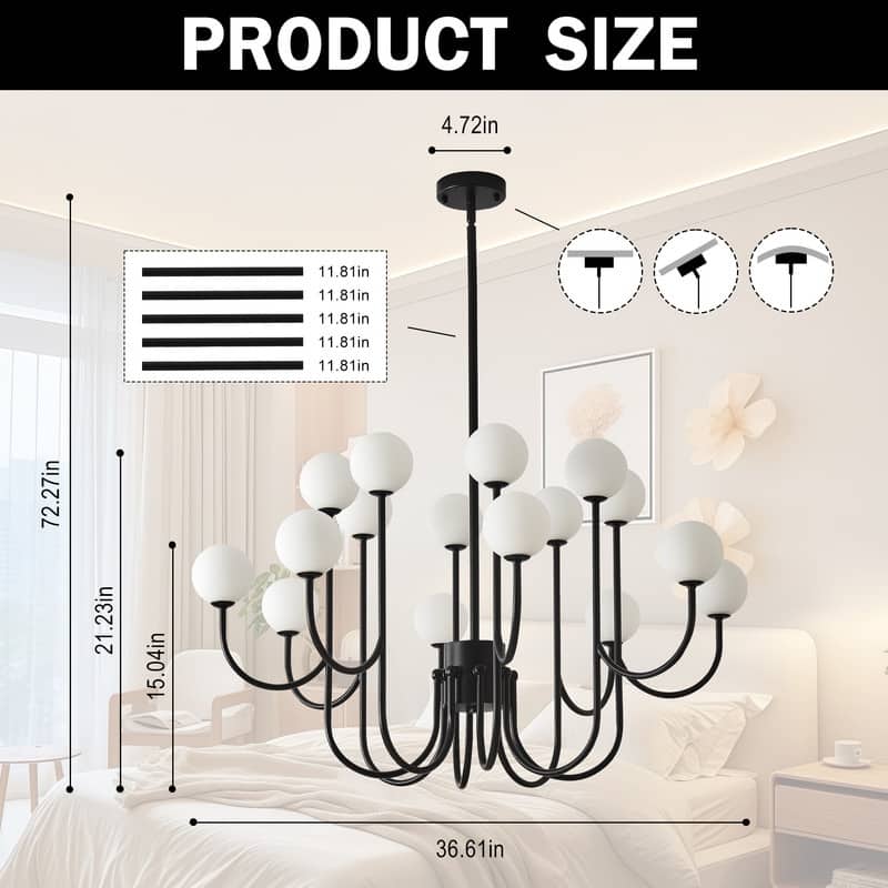Modern Globe Chandelier 16 Light Black Farmhouse Sputnik Chandeliers - 36.61in