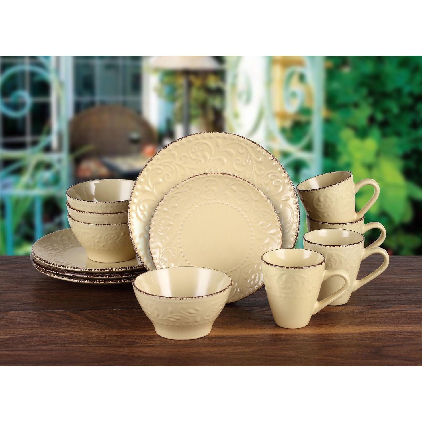Lorren Home Trends Yellow Scroll Stoneware 16-piece Dinnerware Set