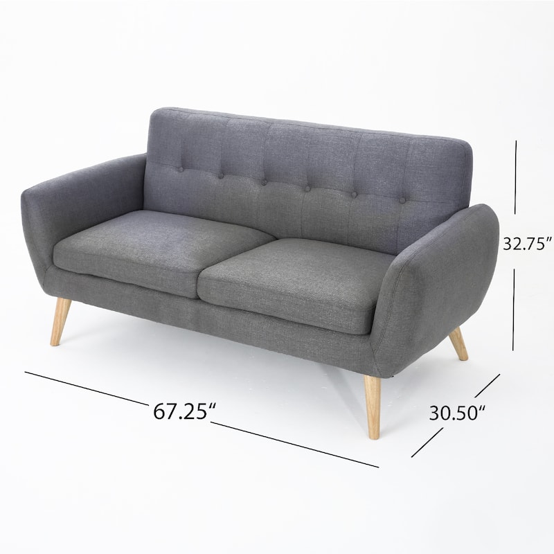 Aly Loveseat, Button Tufted Back, Dark Gray Fabric, Brown 67 Inch