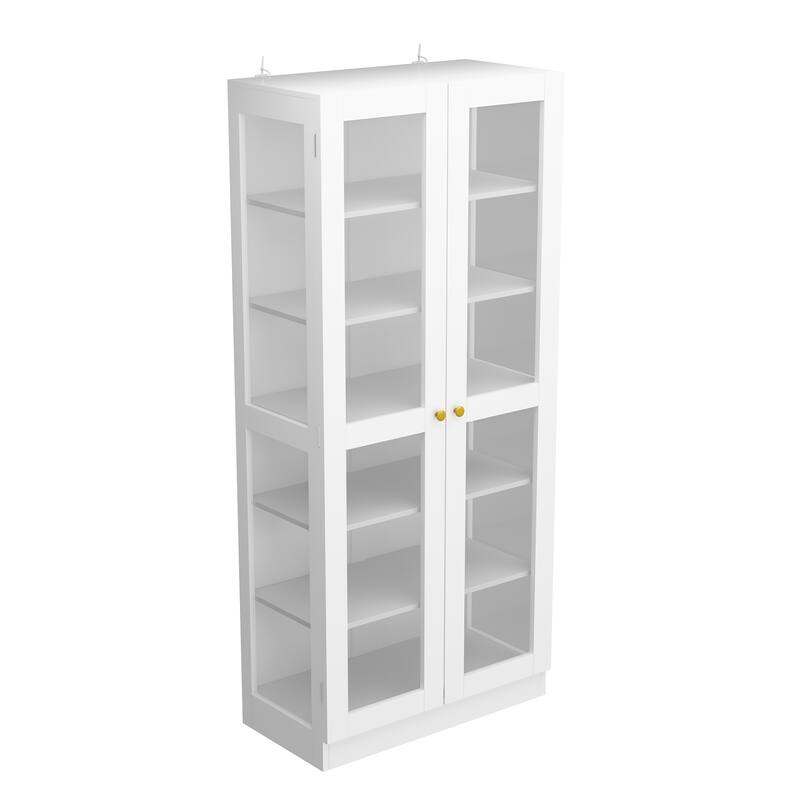 Bookcase Display Cupboard Curio Cabinet 2 Glass Door White Lacquer - 70.9"Hx31.5"W