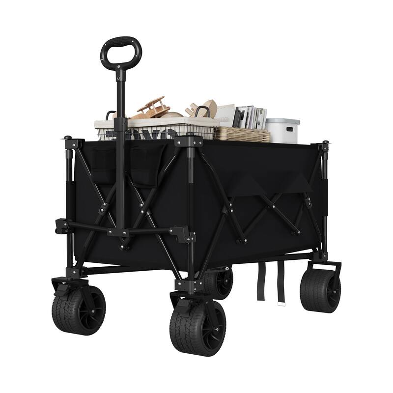 Folding All Terrain Utility Wagon Cart with Wheels and Cup Holders - Black