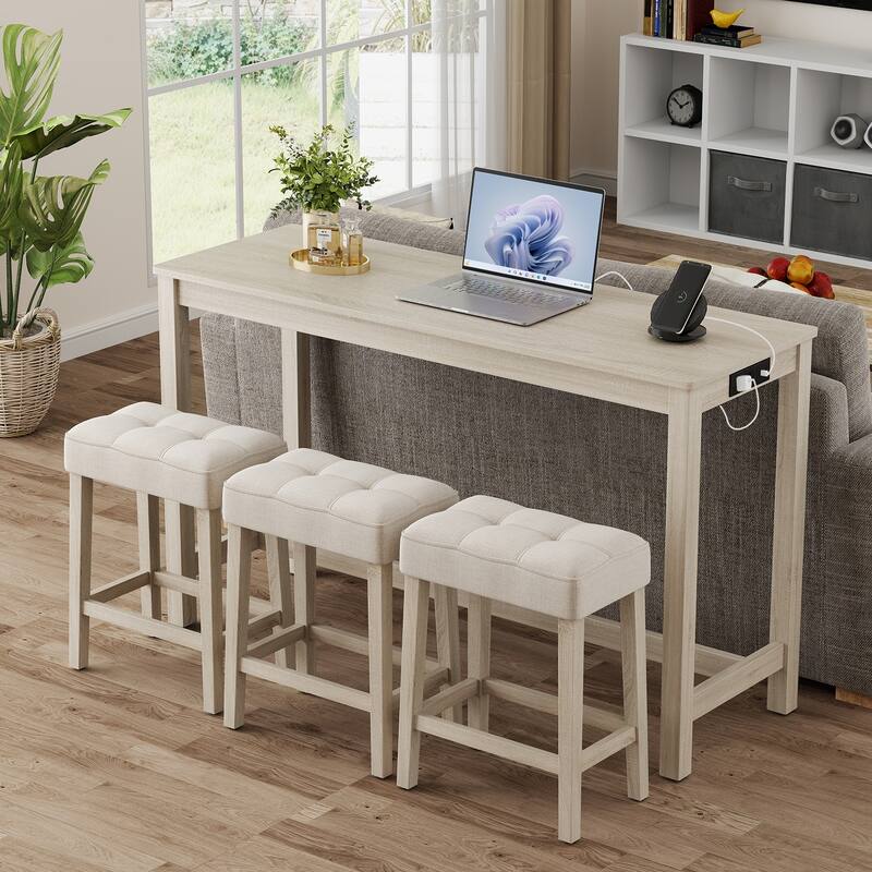 Gymax 4PCS Bar Table Set w/Charging Station 3 Padded Stools for Living