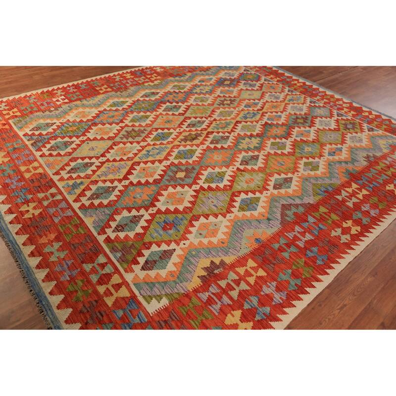 Kilim Oriental Area Rug Flatweave Tribal Multi-Color Wool Carpet - 8'5"x 9'11"