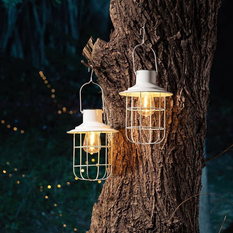 Glitzhome Set of 2 Metal Wire Solar Powered Outdoor Hanging Lantern