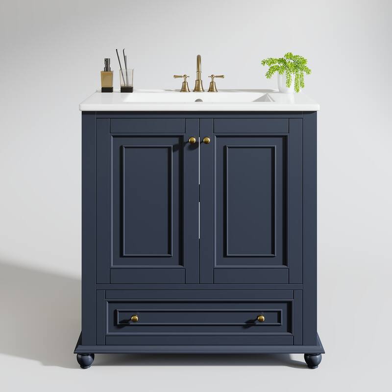 Solid Wood Modern Bathroom Vanity with Ceramic Sink, Adjustable Shelf Storage