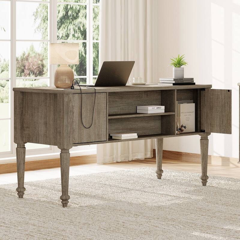 56'' Farmhouse Executive Desk with Drawers White/Oak - 5 Drawers and 2 Doors