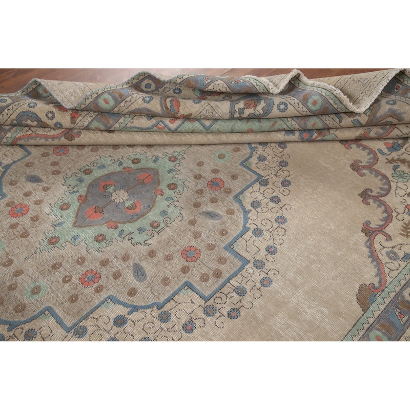 Hand Knotted Oriental 100% Wool Carpet Traditional Medallion Beige & Ivories Tabriz Area Rug - 12' 10'' X 9' 6''