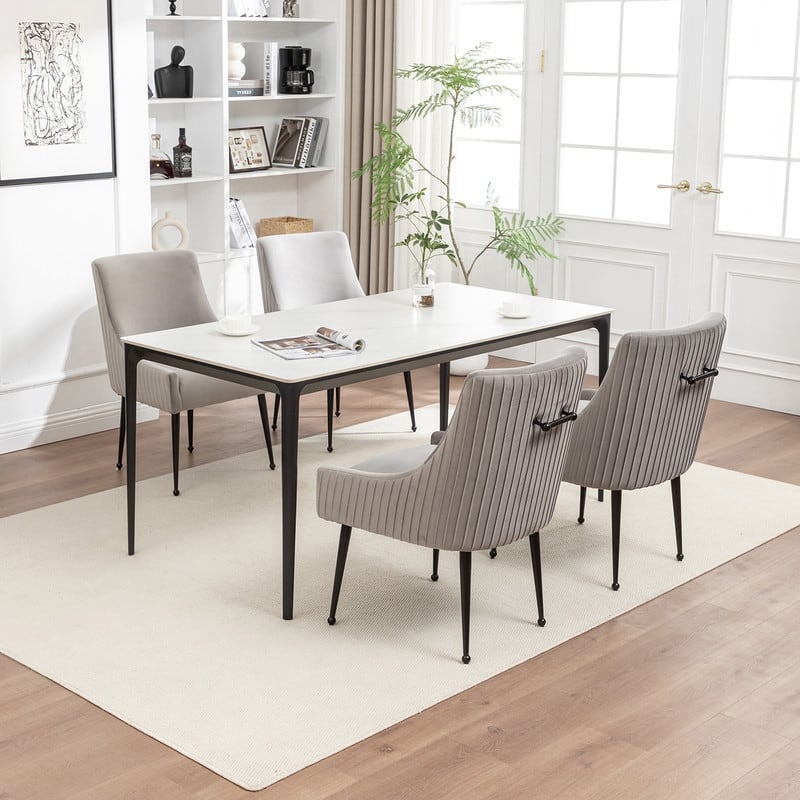 SEYNAR Modern Glam Velvet Black Metal Legs Dining Chair or Vanity Chair Set of 4 with Rear Handle