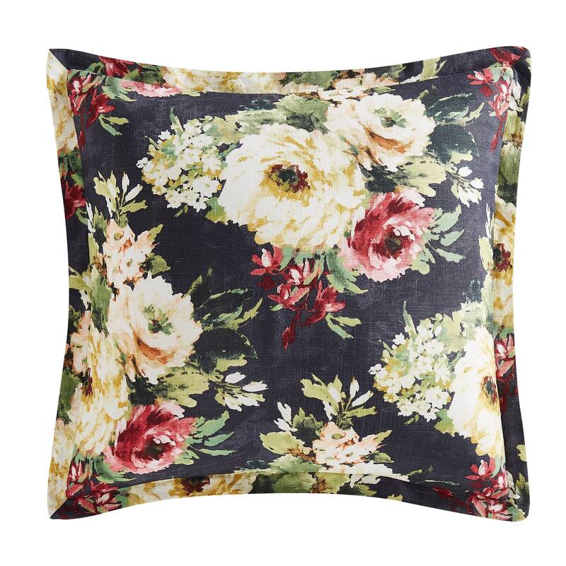 HiEnd Accents Peony Washed Linen Watercolor Flower Print Chic Casual Flanged Euro Pillow Sham, 27x27 inch - Charcoal