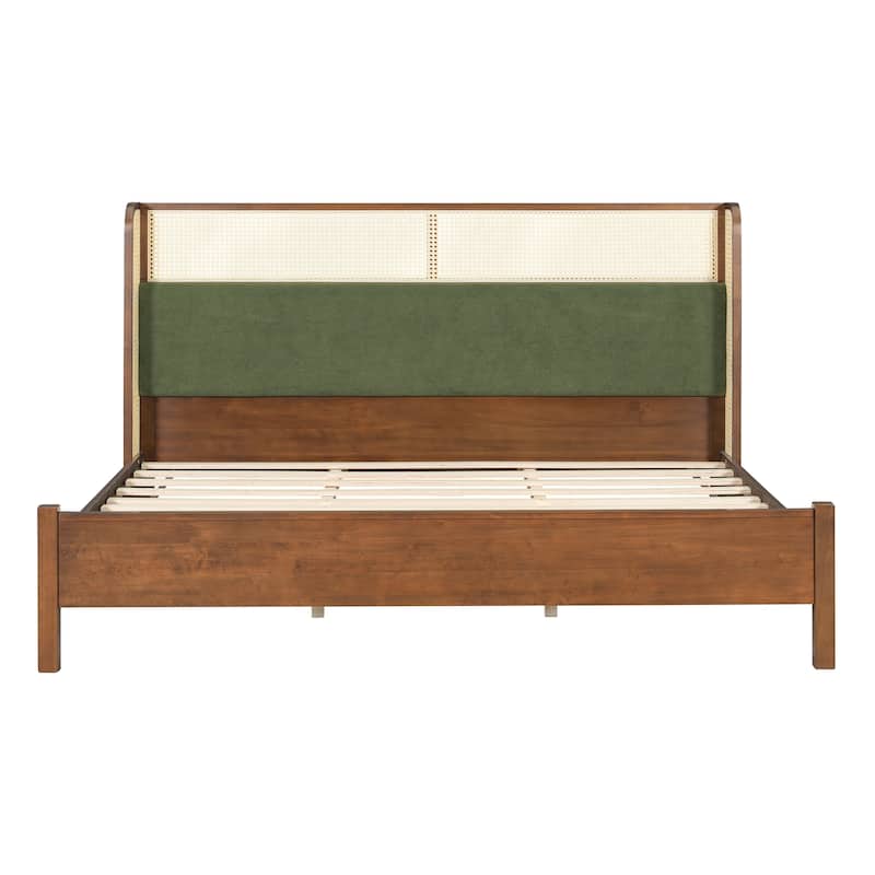 Christopher Knight Home - Mid-Century Upholstered Wood Low-Profile Platform Bed with Rattan Weaving Headboard