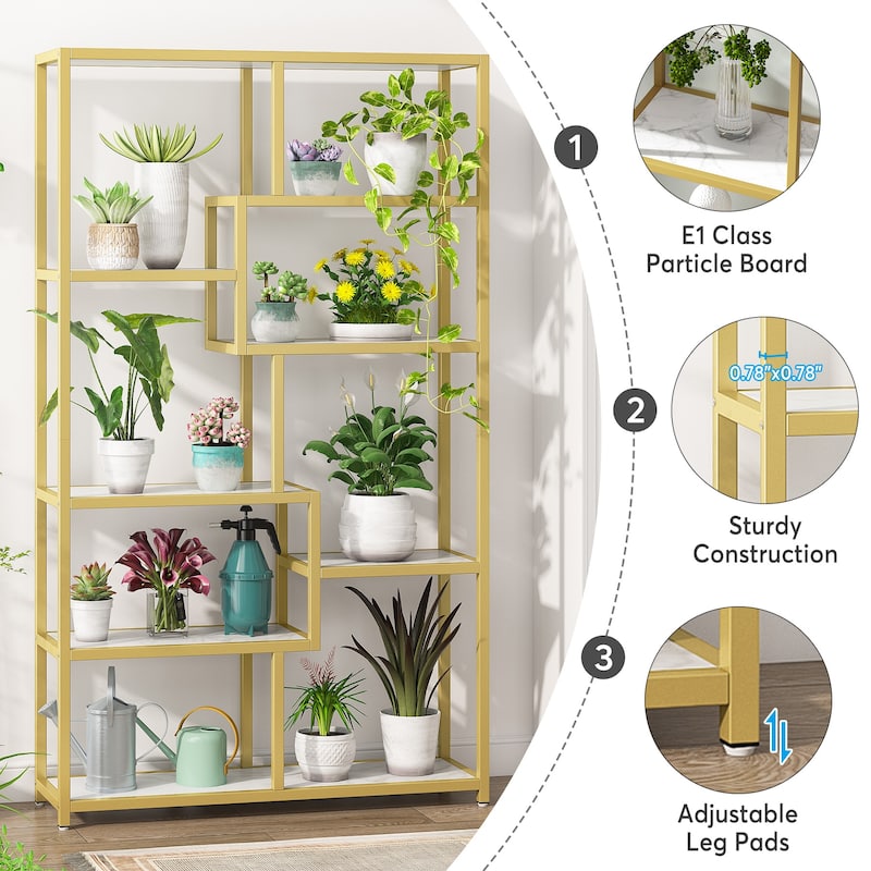 Etagere Bookcase 8 Tier Bookshelf with Gold Metal Frame and White Faux Marble Board for Home office, Living Room