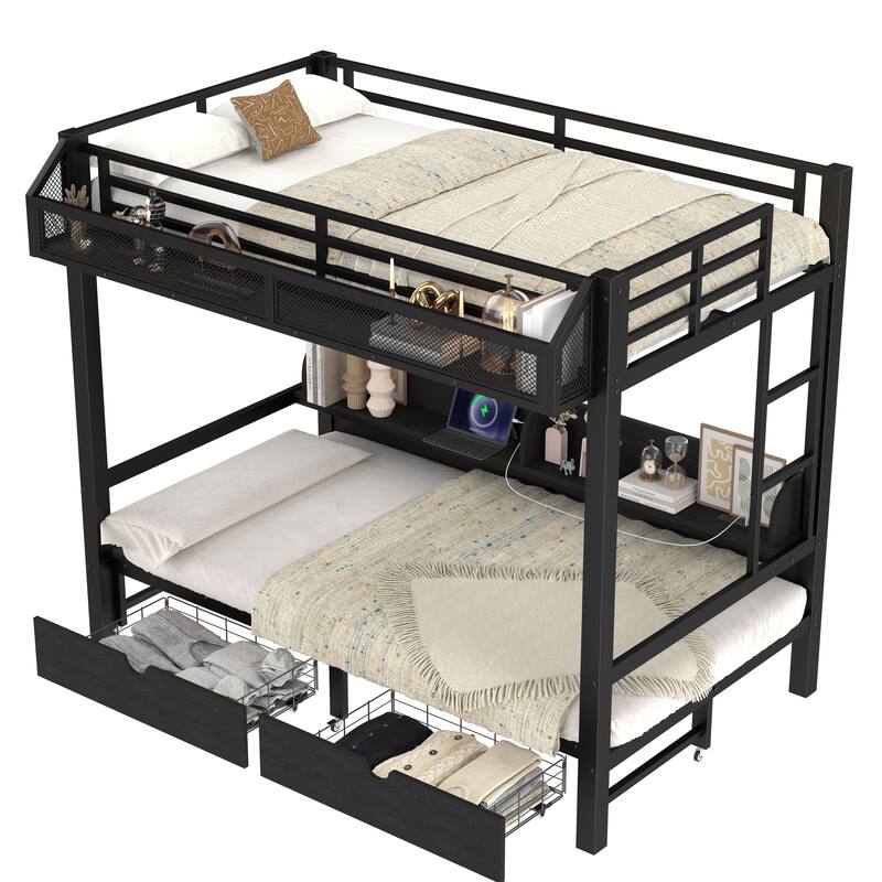 Twin XL over Twin XL Bunk Bed with Storage, USB Ports & Convertible Sofa