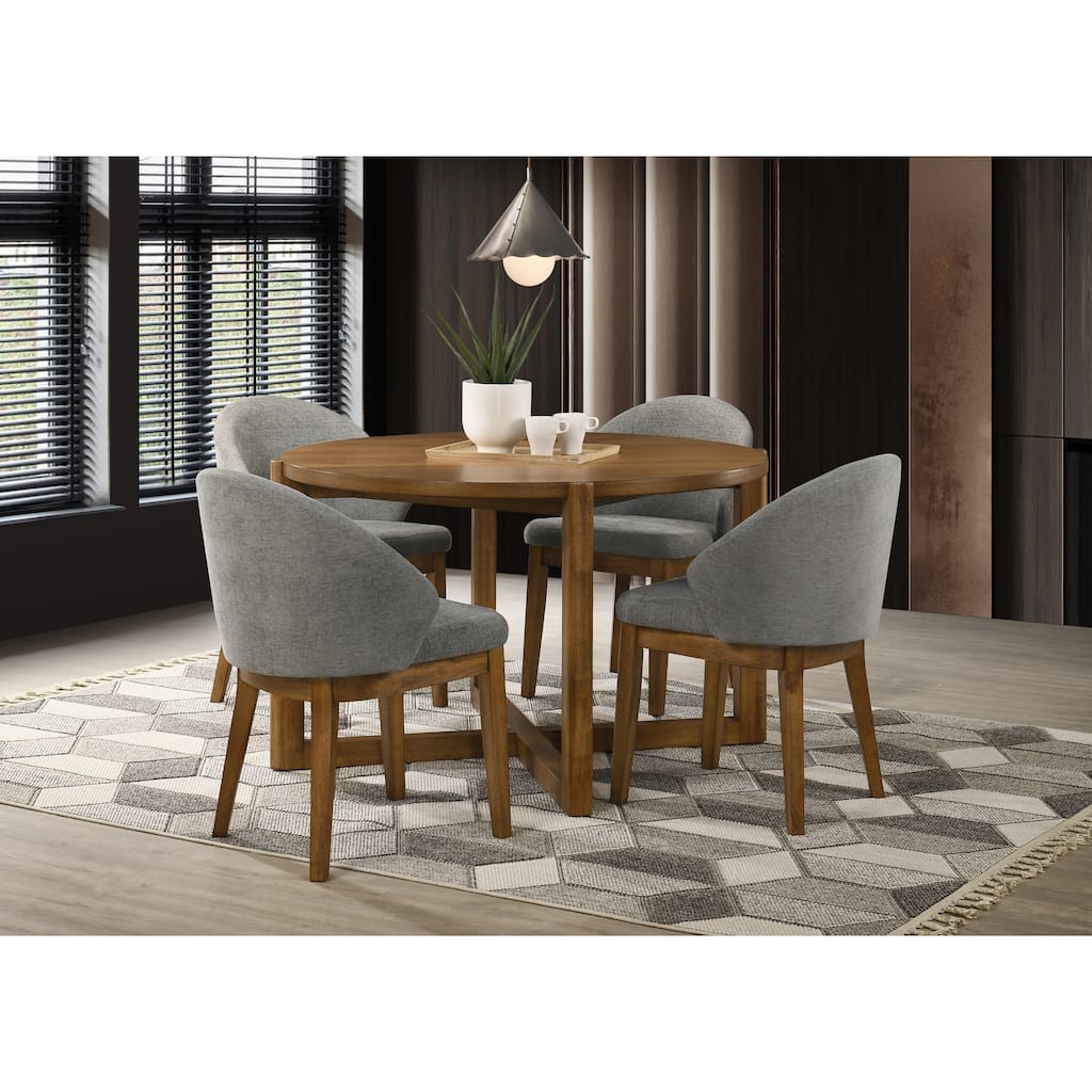 Andrew 5-Piece Round Dining Set with 47" Walnut Table & 4 Light Gray Fabric Chairs, Seats 4