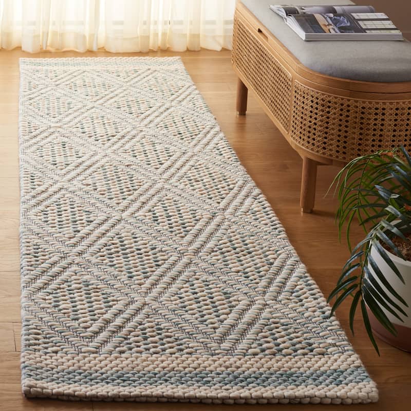 SAFAVIEH Hand-Woven Marbella Rosl Modern & Contemporary Wool Rug - 2'3" x 8' Runner - Aqua/Ivory