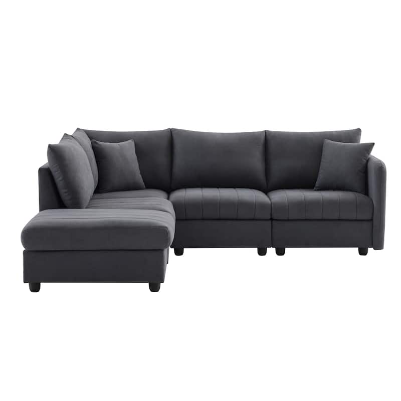 89" Linen-Blend L-Shaped Sectional Sofa with Ottoman, 2 Pillows and Pocket Springs, 360lb Capacity