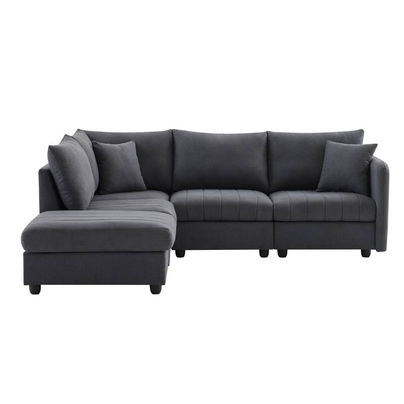 Modular L-Shaped Sectional Sofa with Movable Ottoman, 5 Seat Corner Couch with Throw Pillows, Comfy Cloud Upholstered Sofa