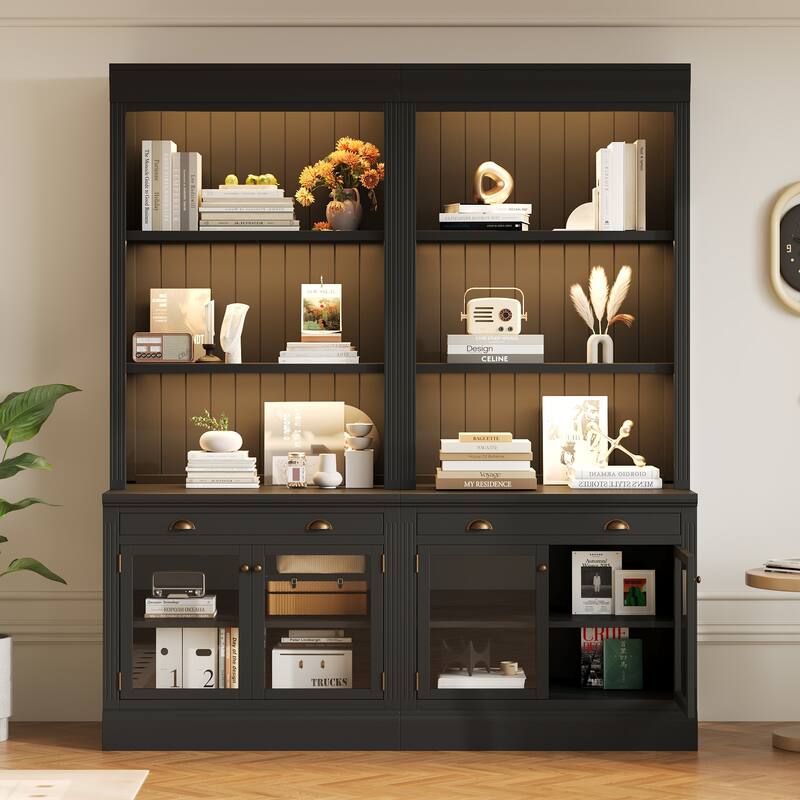 83.4" Tall Bookshelf with LED Lights, 2 Glass Doors & 1 Drawer for Living Room, Home Office