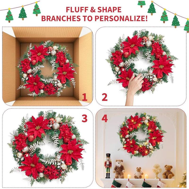 24 Inch Christmas Wreath with Lights Red Berries and Gold Ornaments - N/A