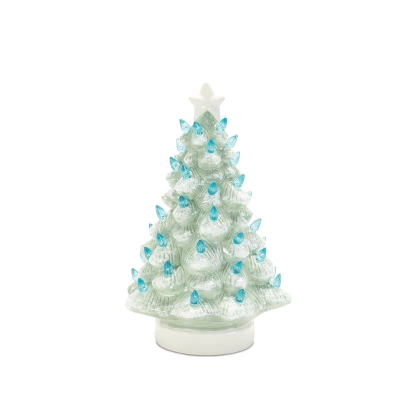 Set of 2 Lighted Ceramic Christmas Tree Blue and Green Holiday Table Decorations with LED Lights - 7.75”L x 7.75” x 11.5”H