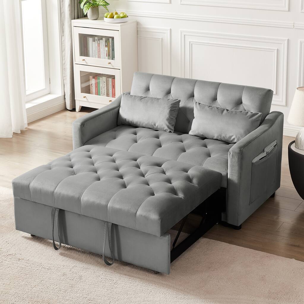 Velvet Convertible Sofa Bed, Pull Out Bed, Pillows