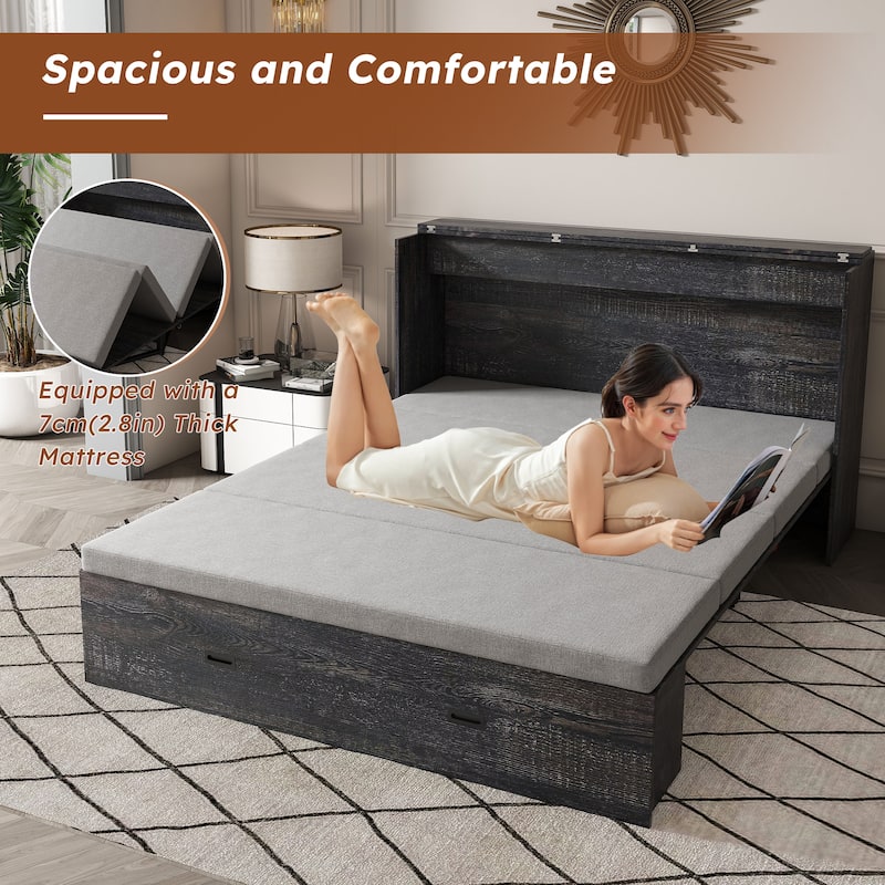 Full Size Foldable Murphy Bed Cabinet with Storage and Charging