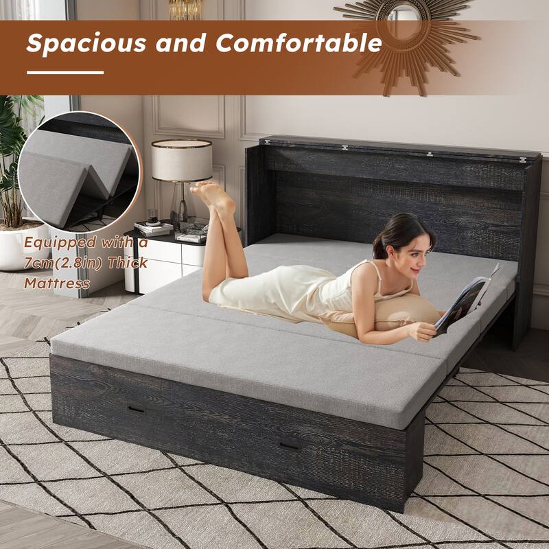 Full Size Murphy Bed, with Storage Drawers and Charging Cabinet, with Foldable Panels, with Swivel Wheels, Noise-Free