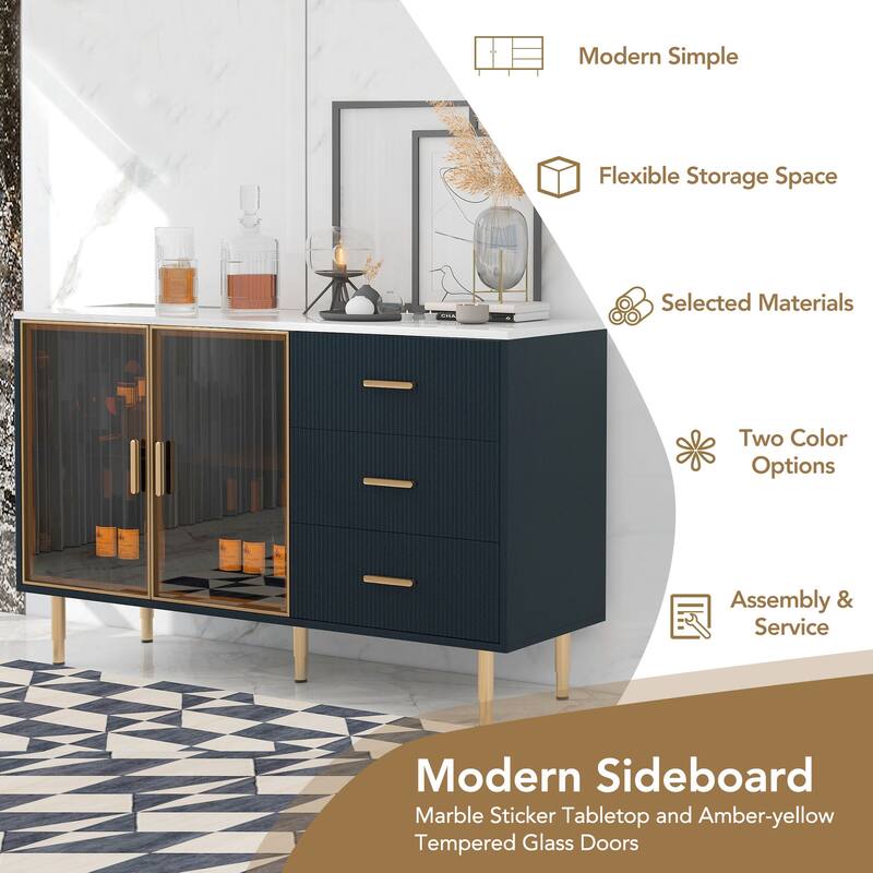 Modern Sideboard MDF Buffet Cabinet Marble Sticker Tabletop and Amber ...