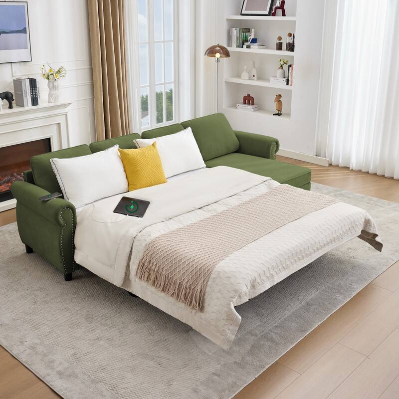 106.5" L-Shaped Flannelette Sectional Sofa with Pull-Out Bed