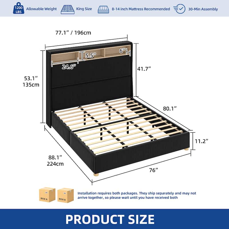Moasis Corduroy Upholstered Platform Bed Frame with Charging Station and RGB LED Lights