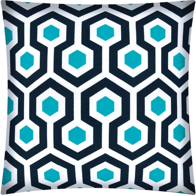 17" Aqua Navy and White Geometric Indoor Outdoor Throw Pillow Cover - 17" X 17"