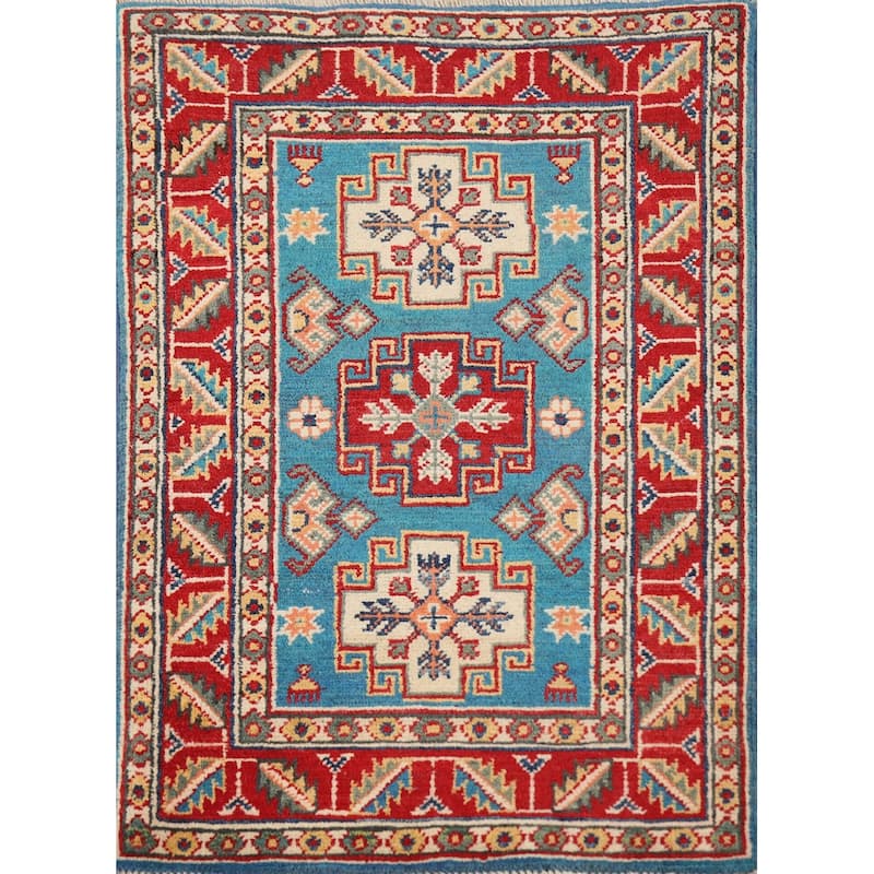 Geometric Kazak Oriental Foyer Rug Handmade Blue Wool Carpet - 2'0"x 3'0"