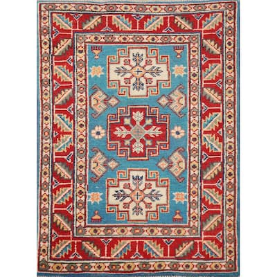 Geometric Kazak Oriental Foyer Rug Handmade Blue Wool Carpet - 2'0"x 3'0"