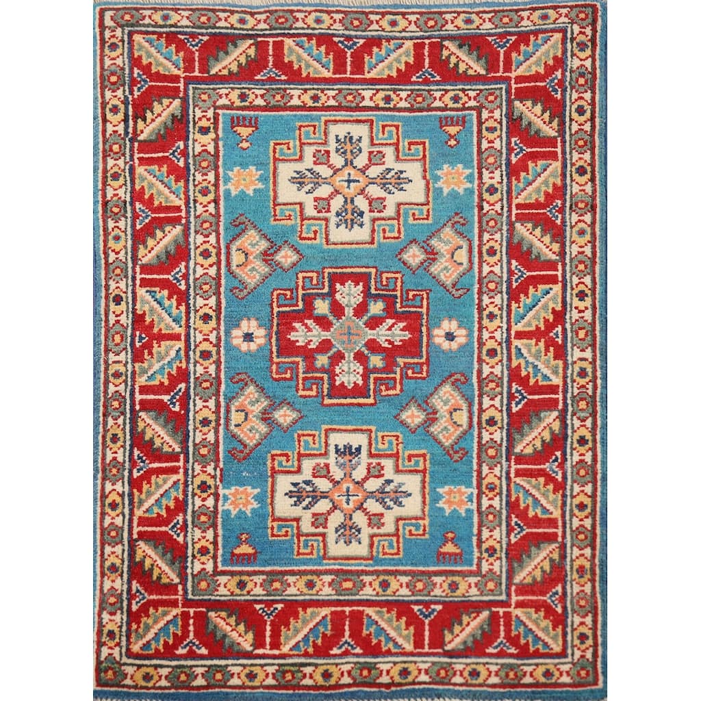 Geometric Kazak Oriental Foyer Rug Handmade Blue Wool Carpet - 2'0"x 3'0"