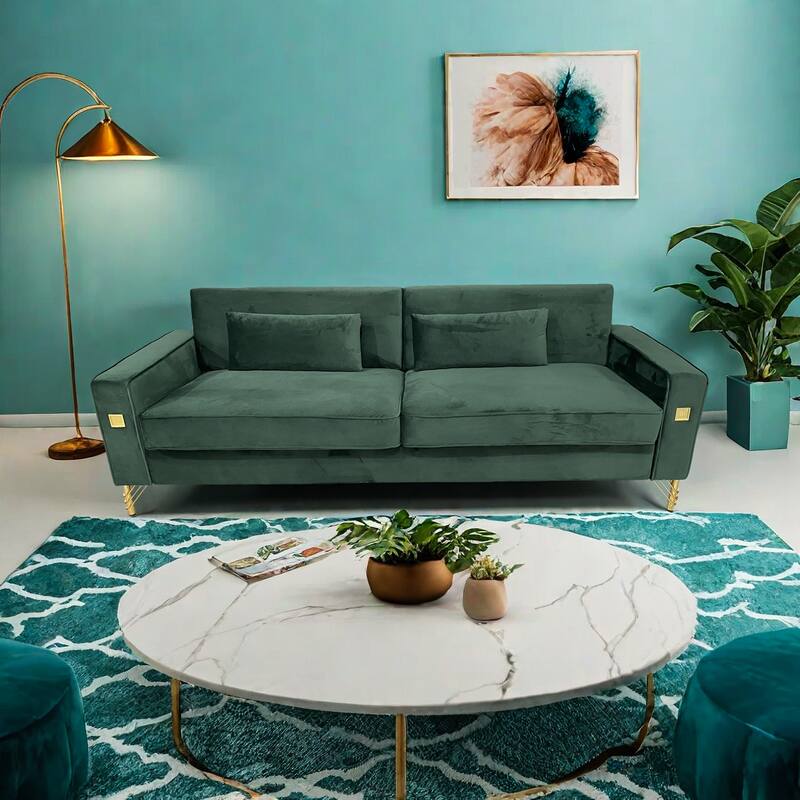 Retro Green Modern 85.63" Velvet 3-seater Sofa with Gold Accents and Plush Cushions for Living Room