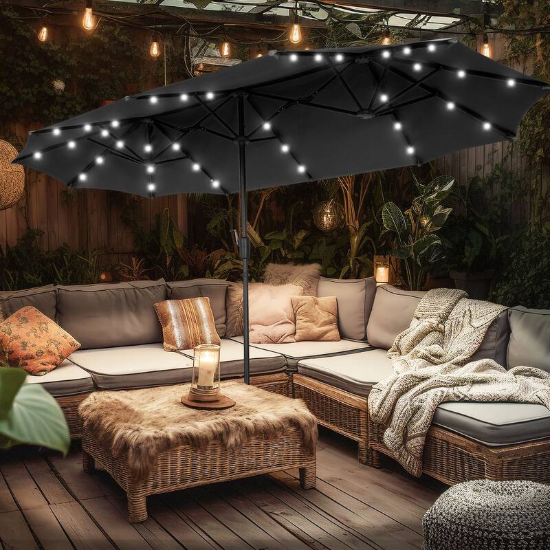 Ainfox 13ft Double-sided Patio Umbrella Solar LED Lighted Outdoor Martet Umbrella with Base - Black-NoBase