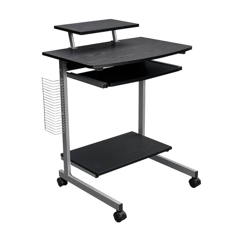 Compact Computer Cart with Keyboard Shelf Adjustable Storage and Media Rack Espresso Finish Mobile Workstation