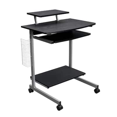 Compact Computer Cart with Keyboard Shelf Adjustable Storage and Media Rack Espresso Finish Mobile Workstation