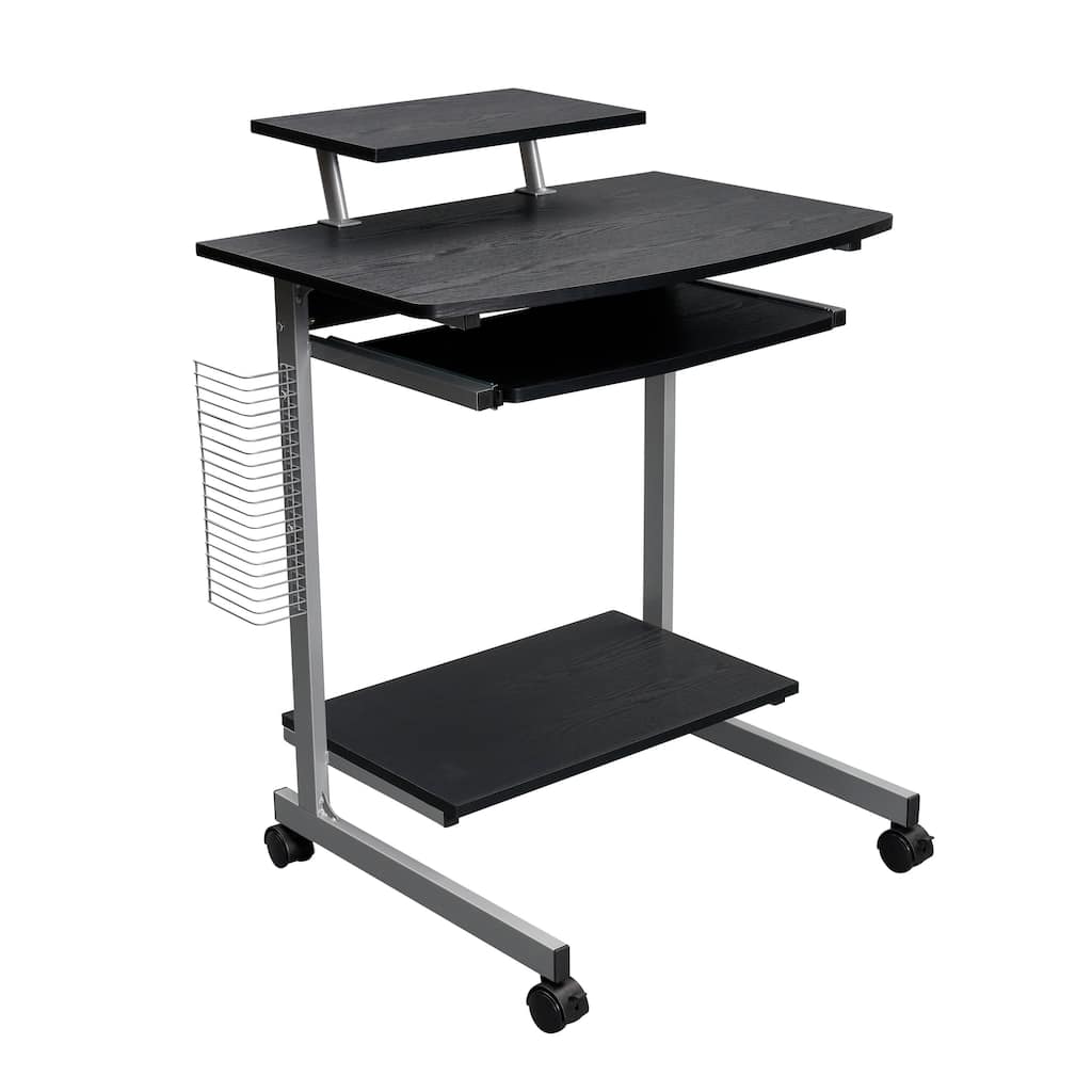 Compact Computer Cart with Keyboard Shelf Adjustable Storage and Media Rack Espresso Finish Mobile Workstation