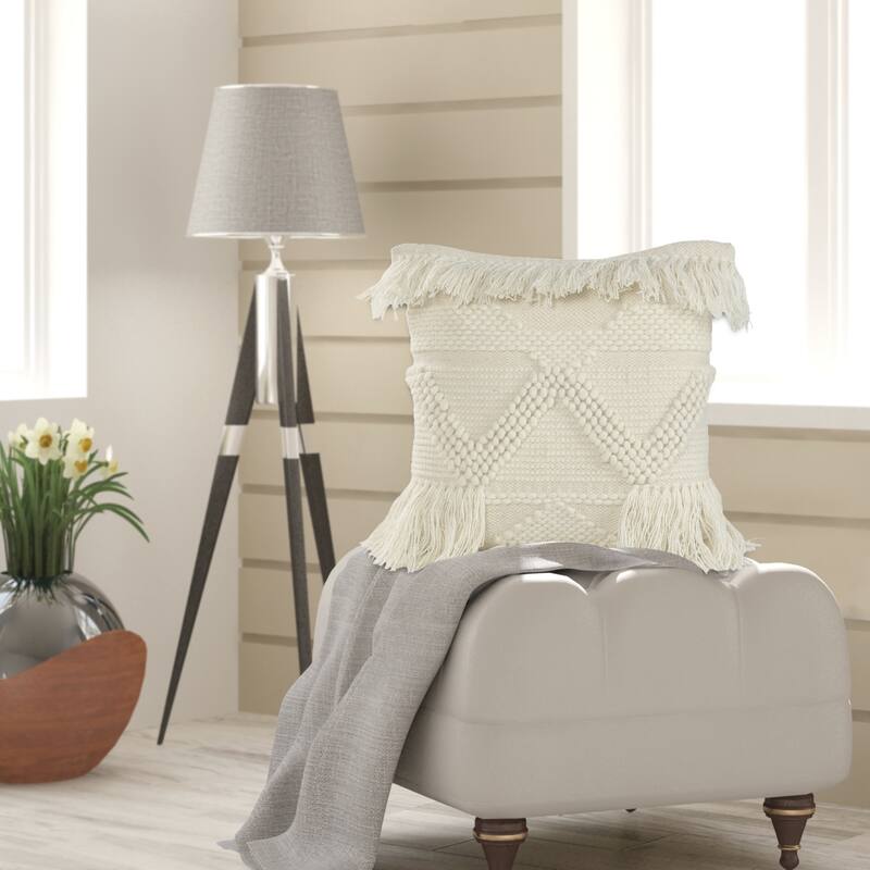 Sevita Textured and Fringe Ivory Throw Pillow - Accent - 20" x 20" - Polyester - Ivory - Single