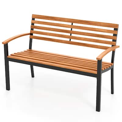 Gymax Outdoor Bench Acacia Wood Patio Loveseat w/ Backrest Armrests