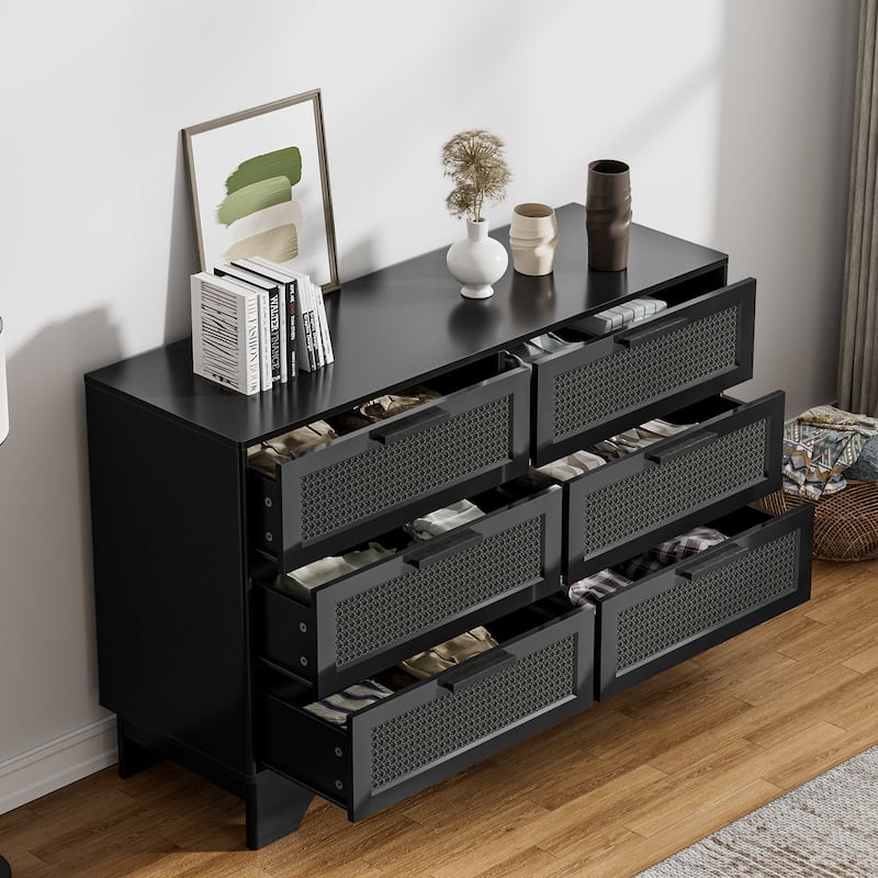 Anmytek Modern Black 6-Drawer Double Dresser for Bedroom Wood Rattan Chest of Drawers