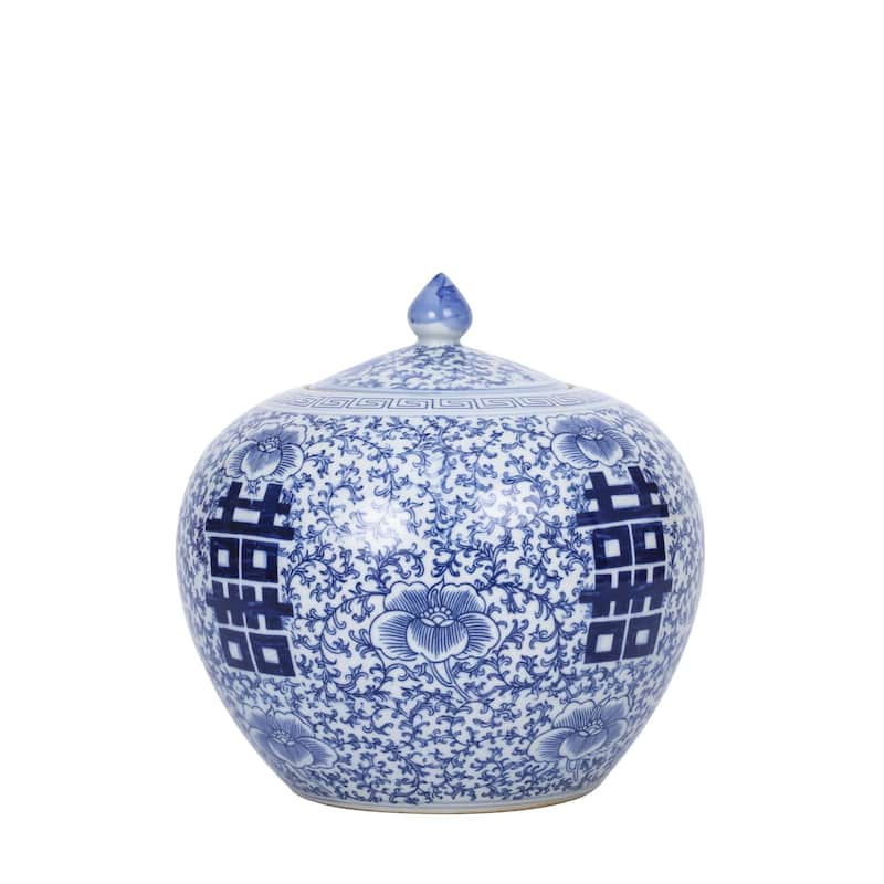 Blue and White Floral Double Happiness Melon Jar
