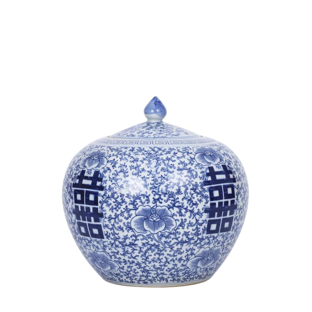 Blue and White Floral Double Happiness Melon Jar