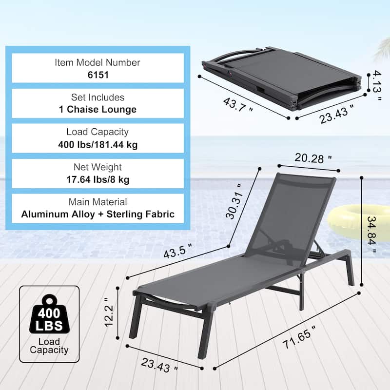 Chaise Lounge Chairs Outdoor, Aluminum Patio Lounge Chairs with Adjustable 5-Position, Folding Pool Lounge Chairs Recliner