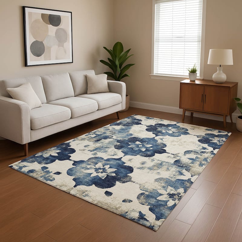 Premium Washable Super Soft Modern Floral Mayfield Rug - Navy - 9' x 12'
