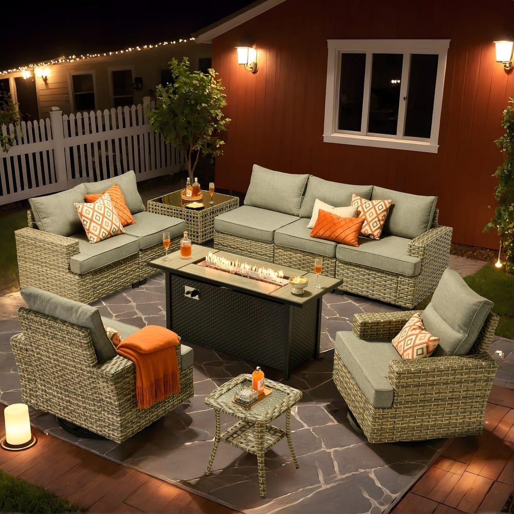 HOOOWOOO 10-piece Patio Wicker Swivel Chair Sectional Set with Solar-powered Table