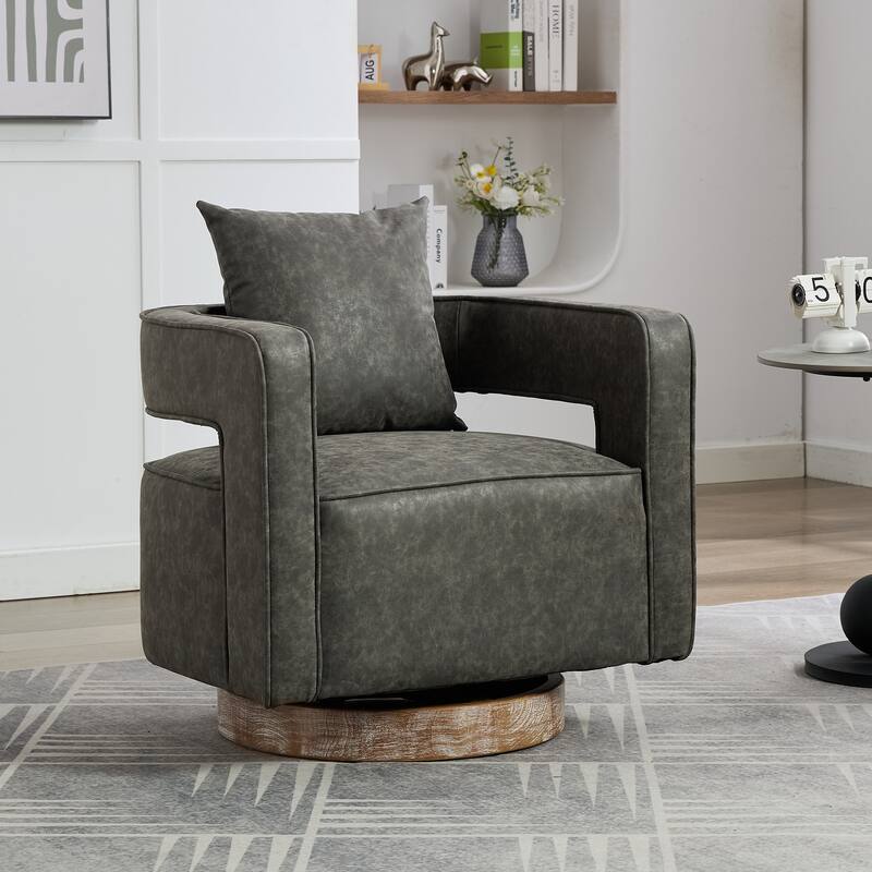 PU Leather Swivel Chair with Wood Base - Gray